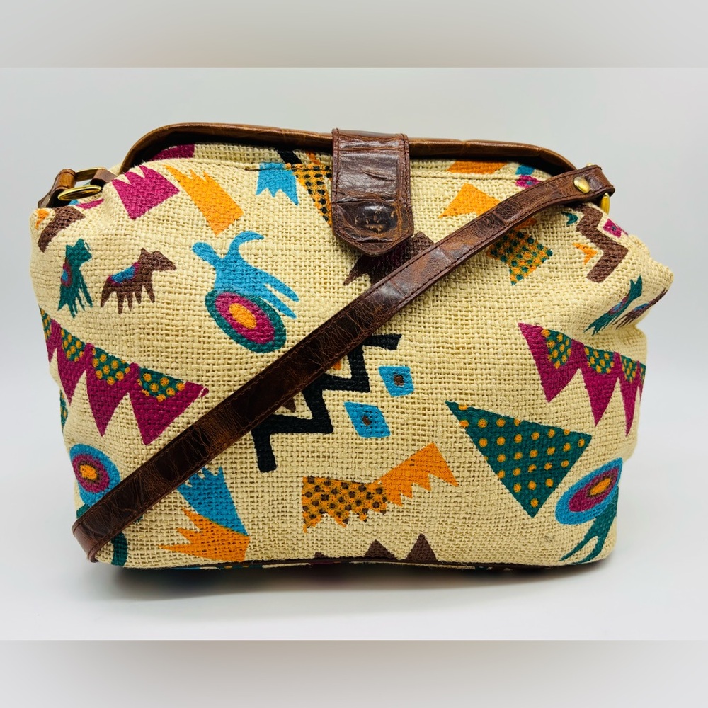 Vintage Marco Avane Tribal Print Crossbody Bag with Brown Leather Accents